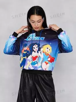 Толстовка Shein Justice League с заниженными плечами и завязками, синий