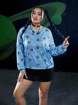 Толстовка Shein Plus с заниженными плечами и рисунком, синий