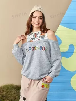 Толстовка Shein с открытыми плечами и графическим рисунком, светло-серый
