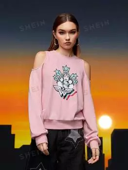 Толстовка Shein с открытыми плечами и принтом фигур и звезд, розовый