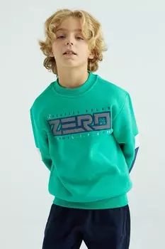 Толстовка стандартного кроя для мальчика с круглым вырезом цвета морской волны и вышитой полосой в полоску TOMMYLIFE