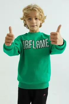 Толстовка стандартного размера для мальчика с круглым вырезом и вышивкой зеленого текста TOMMYLIFE