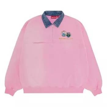 Толстовка Supreme с джинсовым воротником и полумолнией, цвет Розовый