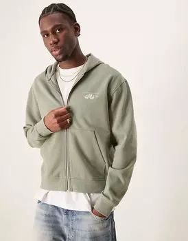 Толстовка свободного кроя ASOS DESIGN с капюшоном на молнии, принтом на груди и спине в пыльно-зеленом цвете
