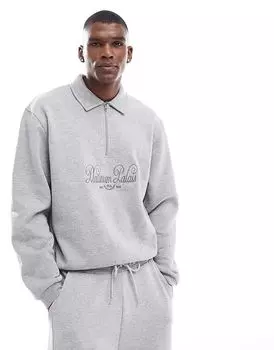 Толстовка свободного кроя ASOS DESIGN серого цвета с вышивкой и воротником