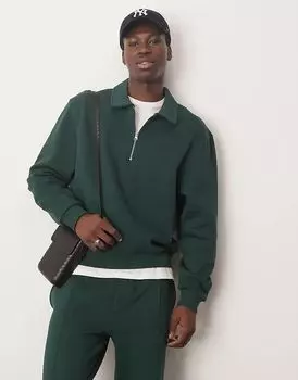 Толстовка свободного кроя ASOS DESIGN в стиле регби темно-зеленого цвета с воротником-поло, комплект