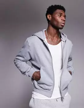 Толстовка свободного кроя из плотной ткани премиум-класса с застежкой-молнией плотностью 400 г/м серого меланжевого цвета ASOS DESIGN