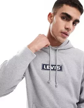 Толстовка свободного кроя Levi's серого меланжа с капюшоном и рельефным логотипом в рамке