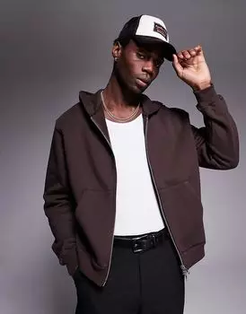 Толстовка свободного кроя премиум-класса с капюшоном на молнии плотностью 400 г/м коричневого цвета ASOS DESIGN