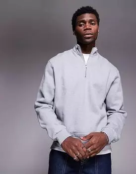 Толстовка свободного кроя премиум-класса с застежкой-молнией на четверть метра, плотностью 400 г/м, серого меланжевого цвета ASOS DESIGN