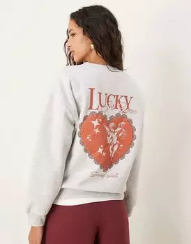 Толстовка свободного кроя с принтом херувима Lucky in Love серого меланжевого цвета ASOS DESIGN
