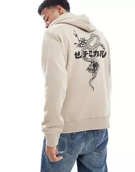 Толстовка свободного кроя с принтом змеи на спине бежевого цвета Jack & Jones