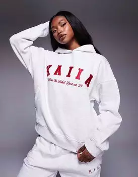 Толстовка свободного кроя с вышитым логотипом Kaiia в светло-сером меланжевом и красном цветах