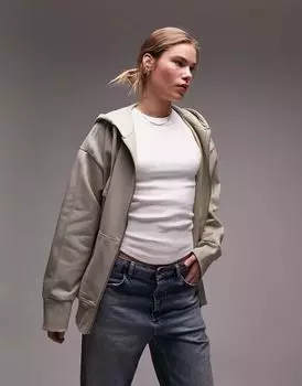 Толстовка Topshop на молнии из высококачественной ткани шалфейного зеленого цвета