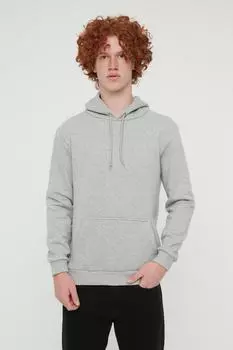 Толстовка Trendyol мужская базовая с капюшоном с флисовой подкладкой, серый