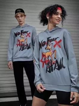 Толстовка унисекс Manfinity с рисунками букв и мультфильмов, 1 шт, пастельно-синий