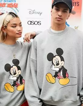 Толстовка унисекс оверсайз ASOS DESIGN Disney в меланжево-сером цвете с принтом Микки Мауса