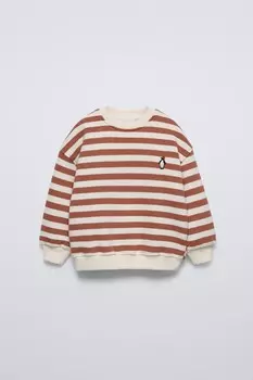 Толстовка в полоску с вышитым пингвином ZARA, коричневый/экрю