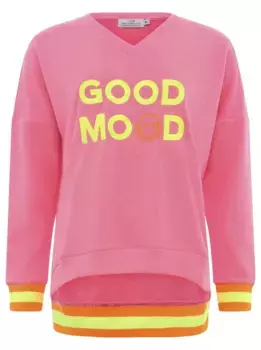 Толстовка Zwillingsherz "Dana", с V-образным вырезом, принтом спереди, кроем кефаль, неонового цвета, розовый