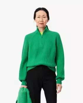 Толстый шерстяной свитер в рубчик на молнии Lacoste, зеленый