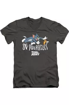 Том и Джерри Фильм В погоне Короткий рукав Взрослый V-образный вырез Премиум хлопок Футболка / Футболка Tom And Jerry Movie, цвет charcoal