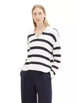 TOM TAILOR вязаный свитер в полоску и с тройником, цвет Offwhite Navy Stripe Knit