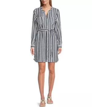 Tommy Bahama Mission Beach Тканое платье-рубашка миди в полоску с разрезом и v-образным вырезом, длинными рукавами и хлястиком на поясе, синий