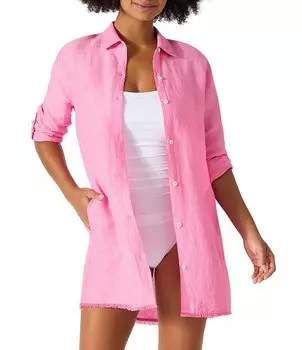 Tommy Bahama Сент-Люсия Остроконечный воротник с короткими рукавами с язычками, потертая кромка, пуговицы спереди, накидка для купания в стиле бойфренда, розовый