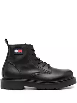 Tommy Jeans logo-patch lace-up leather boots, черный