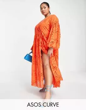 Томно-красное платье миди с вышивкой ASOS EDITION Curve