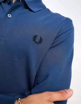 Тёмно-синяя однотонная рубашка-поло с длинными рукавами Fred Perry