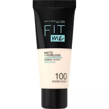 Тональный крем Maybelline Fit Me Матовый и беспористый, с полным покрытием, растушевываемый для нормальной и жирной кожи, 100 Теплый цвет слоновой кости, 30 мл, Maybelline New York