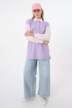 Тонкая хлопковая туника сиренево-фиолетового цвета с вышивкой кариока и декором ALL DAY