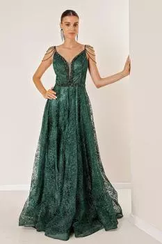 Тонкие бретели, V-образный вырез, бисер, детальная завязка на спине, блестящий флоковый принт, коралловое длинное платье Изумрудного цвета By Sayg, зеленый