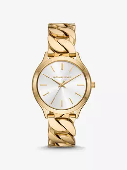 Тонкие часы с золотистым ремешком-цепочкой на подиуме Michael Kors, золотой