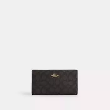Тонкий кошелек Coach Outlet на молнии из фирменной ткани, цвет gold/walnut/black