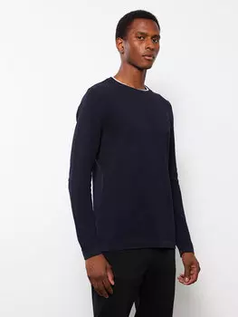 Тонкий мужской трикотажный свитер с круглым вырезом и длинными рукавами LCW Casual, темно-синий