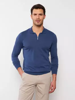 Тонкий мужской трикотажный свитер с воротником-поло и длинным рукавом LC Waikiki Basic