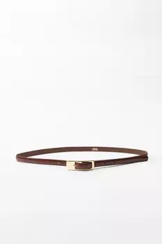 Тонкий ремень с прямоугольной пряжкой ZARA, коричневый