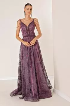 Тонкий ремешок с V-образным вырезом и бисером, с завязками на спине, на подкладке из блестящего флока с принтом, коралловое длинное платье, темное By Sayg, фиолетовый