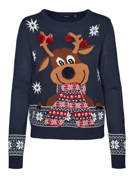 Тонкий вязаный свитер VERO MODA Sweater VMNewfrostydeer, темно-синий