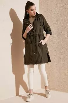 Тонкое сезонное пальто стандартного кроя со съемным капюшоном 497SEZEN Lela, хаки