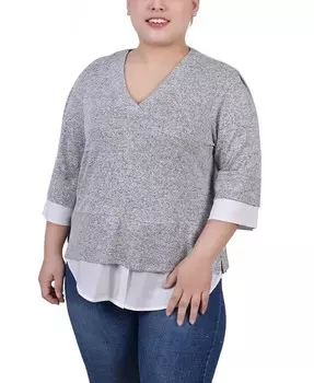 Топ 2-в-1 с длинными рукавами больших размеров NY Collection, серый