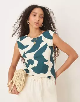 Топ Abercrombie & Fitch с открытой спиной и рукавами-крылышками в зеленом абстрактном стиле