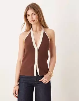 Топ Abercrombie & Fitch с ребристым воротником-халтер в коричневом и кремовом цветах
