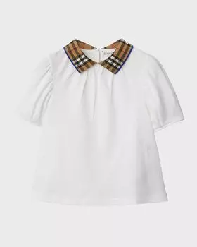 Топ Alesea в клетку с воротником в рубчик и короткими рукавами для девочек Burberry, цвет White