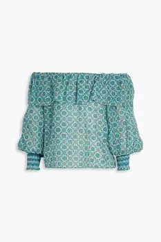 Топ Alta из вуали с открытыми плечами и принтом из хлопка и смесового шелка ALICE + OLIVIA, бирюзовый
