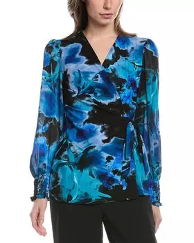 Топ Anne Klein с контрастными рукавами и запахом, синий