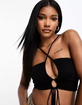 Топ Asos Design Asymmetric Micro Strap Lace Up Crop, черный