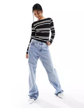 Топ Asos Design Backless Long Sleeve In Stripe, черный/белый
